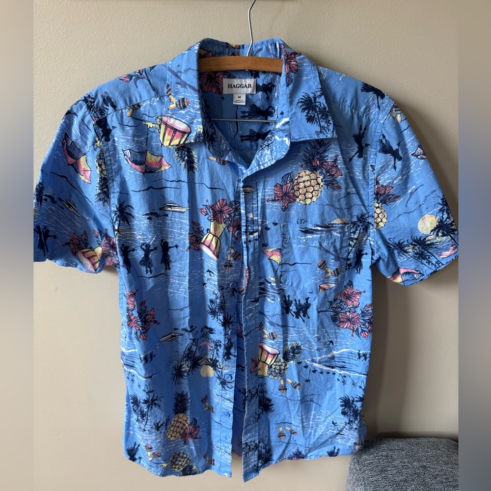 Haggar Men's Blue Tropical hawaiian Button Down Shirt